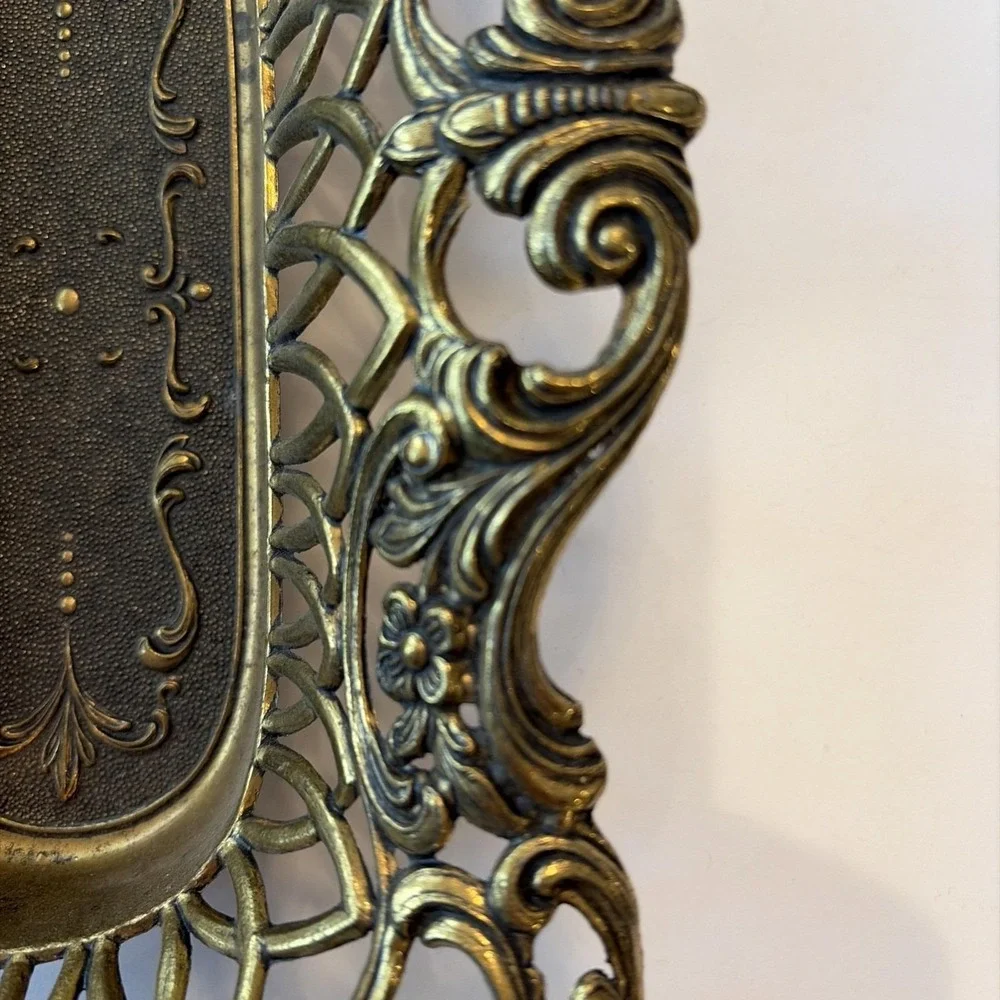 Vintage Italian Ornate Gilt Brass Pierced Footed Vanity Dresser Tray Made Italy